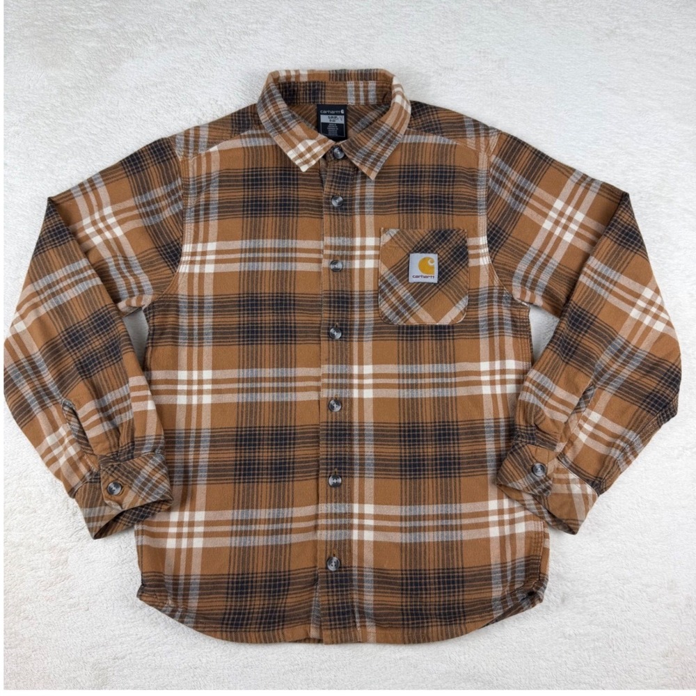 Carhartt Kids Brown Plaid Flannel Long Sleeve Button Up Shirt Size S (8-10)